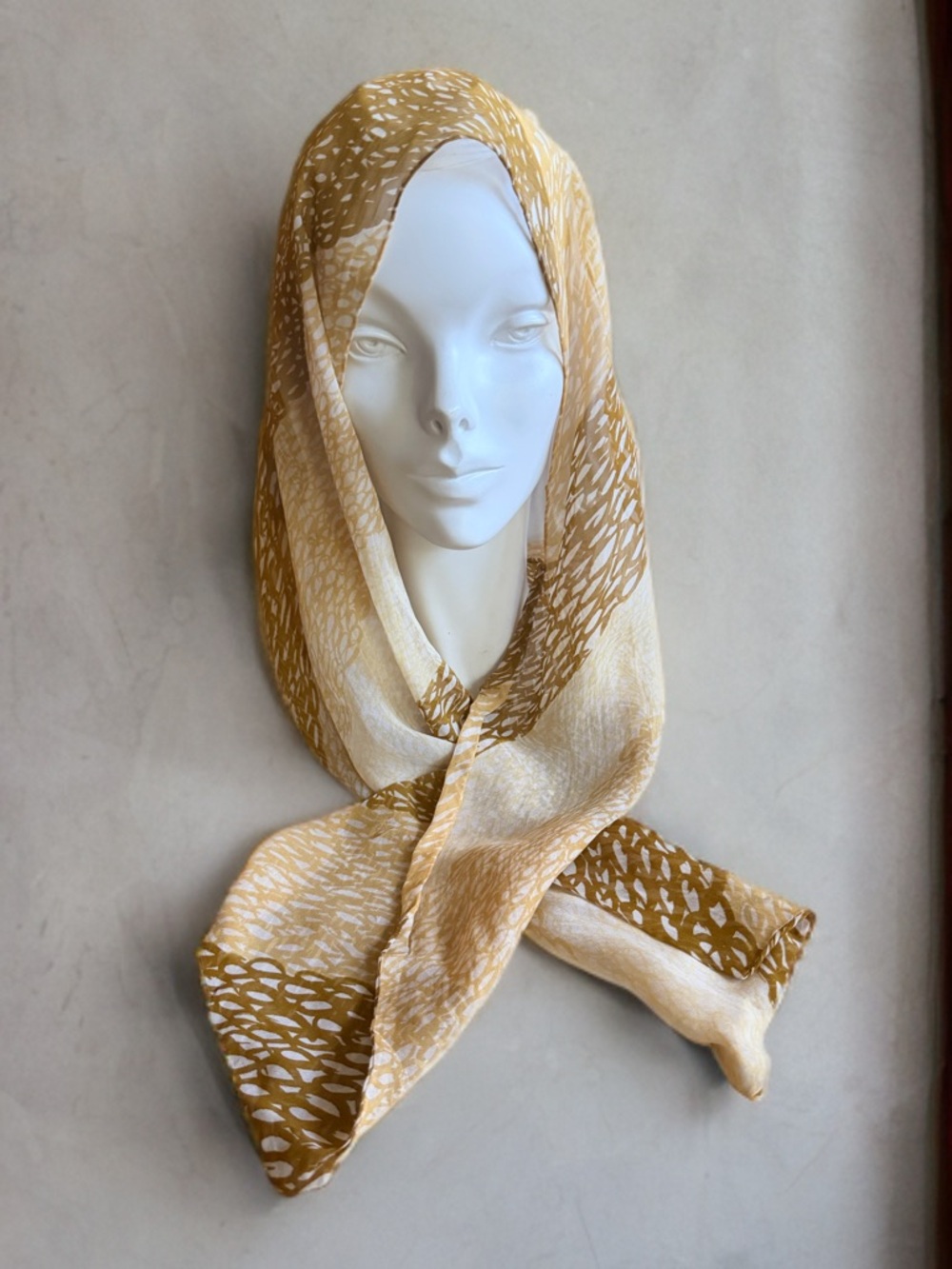 Vintage Yellow & Light Brown Patterned Women's Sheer Rayon Scarf